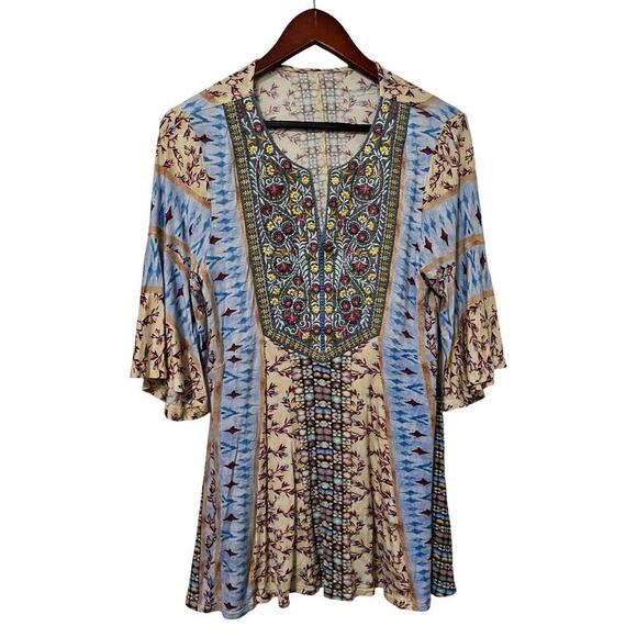 Soft Surroundings Floral Embroidered Jersey Tunic Top Size MP Boho Gypsy Artsy - Picture 1 of 6